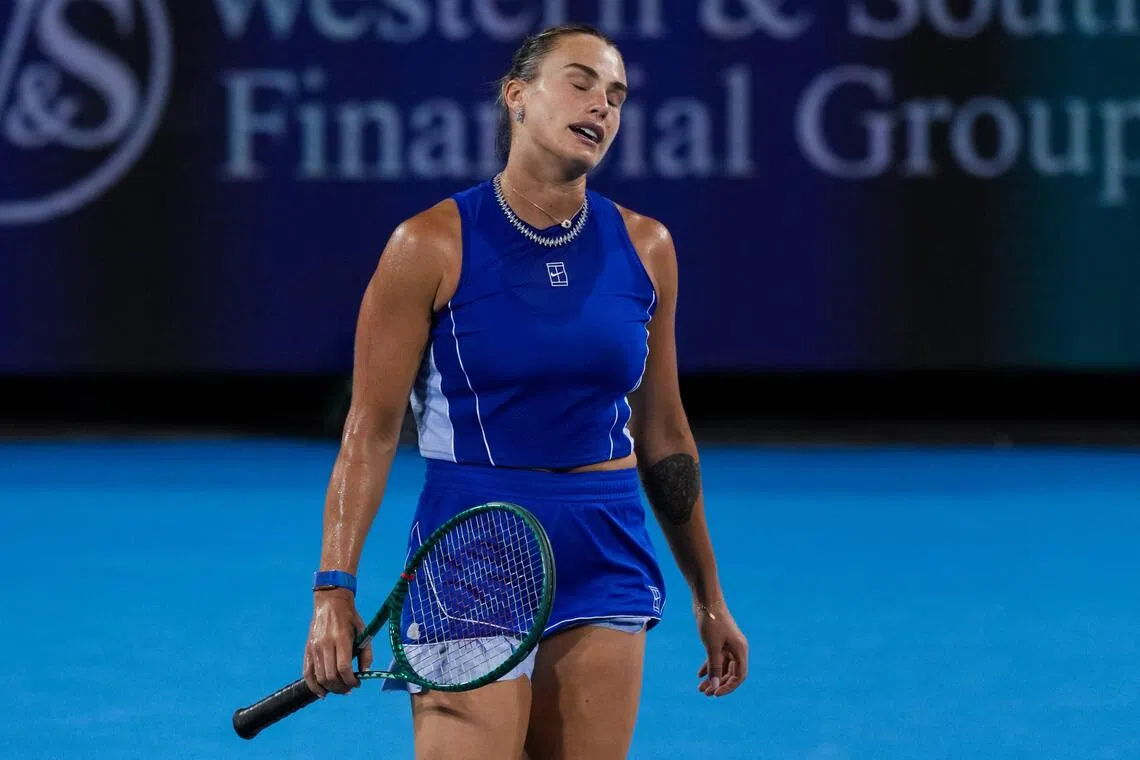Aryna Sabalenka reacts after returning a shot against Czech Sara Bejlek during their last-16 match at the Cincinnati Open. Sabalenka lost 7-6 (9-7), 6-4 despite holding a 5-1 lead in the first-set tiebreak and a 4-1 advantage in the second set.
