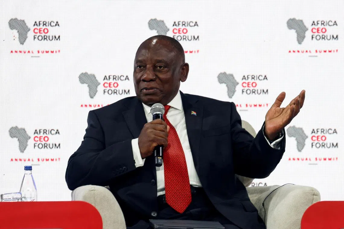 South African President Cyril Ramaphosa speaks as he attends a panel at the Africa CEO Forum in Abidjan, Ivory Coast, May 12, 2025. REUTERS/Luc Gnago/File Photo