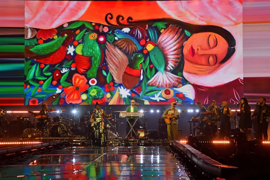 Hot Chip performs onstage during the Together For Palestine concert at Wembley Arena in London, on Sept 17.