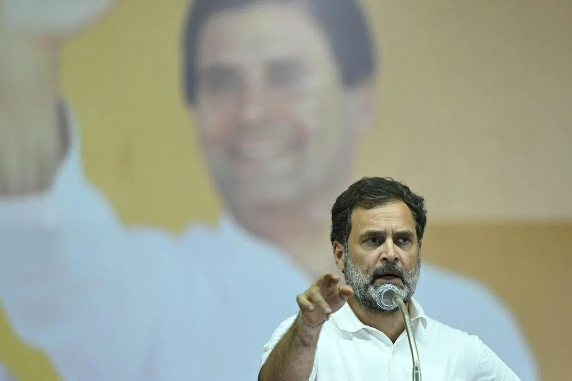 (FILES) Indian National Congress party leader Rahul Gandhi addresses his supporters in Coimbatore on April 12, 2024, ahead of the country's general elections. Prime Minister Narendra Modi's chief rival Rahul Gandhi was nominated on June 8 to lead India's opposition in parliament after an election result that rescued his party from the political wilderness. (Photo by R.Satish BABU / AFP)