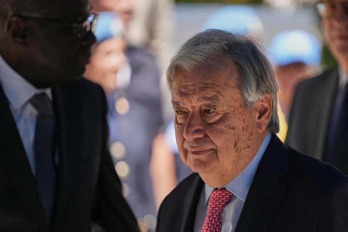 UN Secretary-General Antonio Guterres attends a wreath-laying ceremony at the Ledra Palace Hotel in the UN-controlled buffer zone in the divided capital of Nicosia, Cyprus, on July 28.