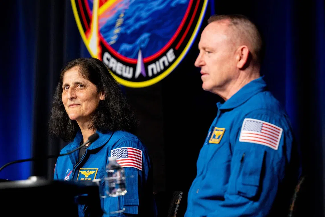 Astronauts Sunita "Suni" Williams, and Barry "Butch" Wilmore speak during a news conference at the NASA Johnson Space Center on March 31, 2025 in Houston, Texas. 