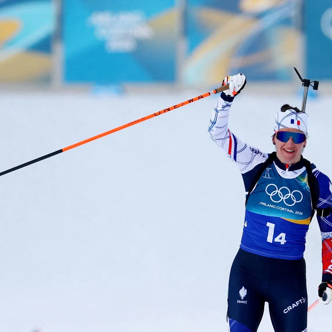 Milano Cortina 2026 Olympics - Biathlon - Mixed Relay 4 x 6km (M+W) - Anterselva Biathlon Arena, South Tyrol, Italy - February 08, 2026.  Julia Simon of France reacts as Team France wins the gold medal at the Biathlon Mixed Relay 4 x 6km (M+W) . REUTERS/Matthew Childs
