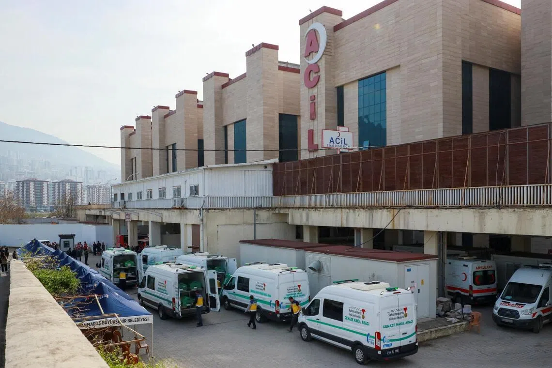 Mortuary vans are parked in front of a hospital morgue, after a deadly shooting at a school, in Kahramanmaras, Turkey on April 16. Schools will remain closed in Kahramanmaras on April 16 and April 17.