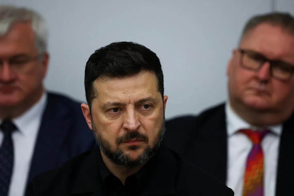 Ukrainian President Volodymyr Zelenskiy attends a meeting of the Ukraine Defence Contact Group during the NATO Defence Ministers' meeting at NATO's headquarters in Brussels, Belgium, June 18, 2026. REUTERS/Stoyan Nenov