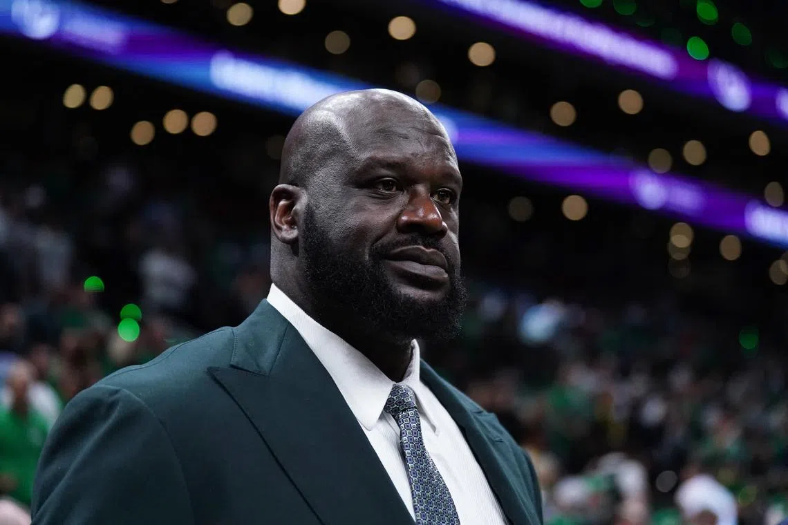 FILE PHOTO: Jun 6, 2024; Boston, Massachusetts, USA; Shaquille O'Neal looks on before the game between the Boston Celtics and the Dallas Mavericks in game one of the 2024 NBA Finals at TD Garden. Mandatory Credit: David Butler II-USA TODAY Sports/File Photo