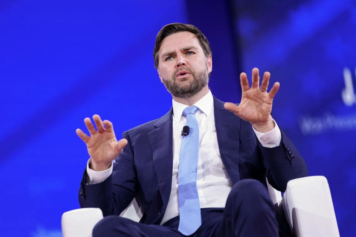 U.S. Vice President JD Vance addresses the Conservative Political Action Conference (CPAC) in National Harbor, Maryland, U.S., February 20, 2025. REUTERS/Nathan Howard