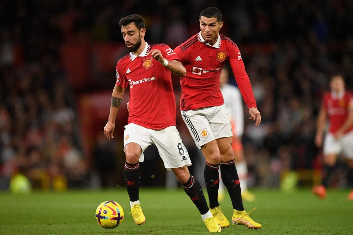 Cristiano Ronaldo (right) and Bruno Fernandes during a Manchester United match against West Ham on Oct 30, 2022.