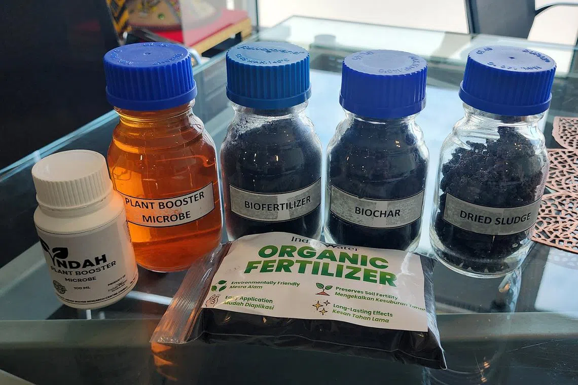 Indah Water Konsortium’s organic fertiliser made from treated biosolids, displayed with other sustainable products by the company.