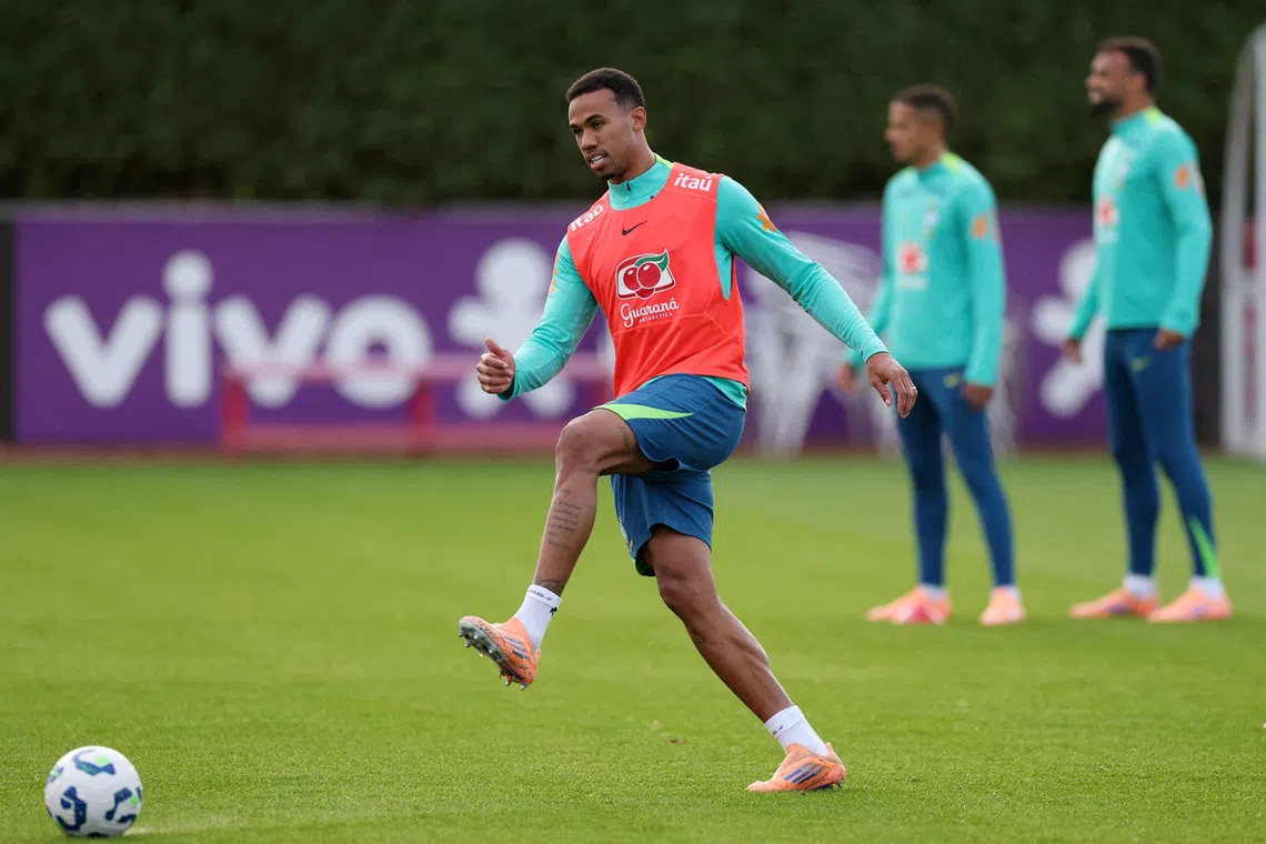FILE PHOTO: Soccer Football - International Friendly - Brazil Training - Arsenal Training Centre, London Colney, Britain - November 13, 2025 Brazil's Gabriel Magalhaes during training Action Images via Reuters/Paul Childs/File Photo