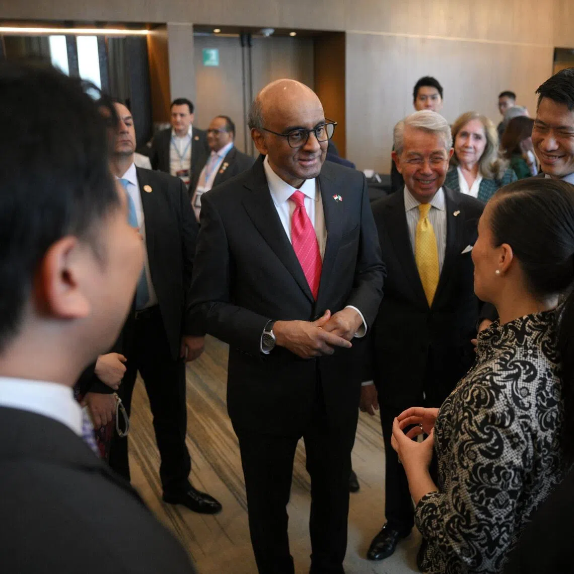 President Tharman Shanmugaratnam (left) speaks with members of the Singapore Business Federation (SBF), Singapore Manufacturing Federation (SMF) and Mexican business association leaders during the Mexico-Singapore Business Forum held at JW Marriott Hotel in Mexico City on Dec 2, 2025. (Mexican time)