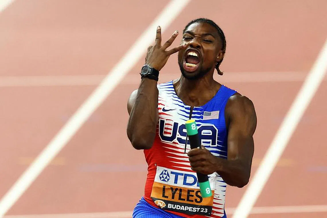 Athletics - World Athletics Championship - Men's 4x100m Final - National Athletics Centre, Budapest, Hungary - August 26, 2023 Noah Lyles of the U.S. celebrates winning the Men's 4x100m REUTERS/Bernadett Szabo