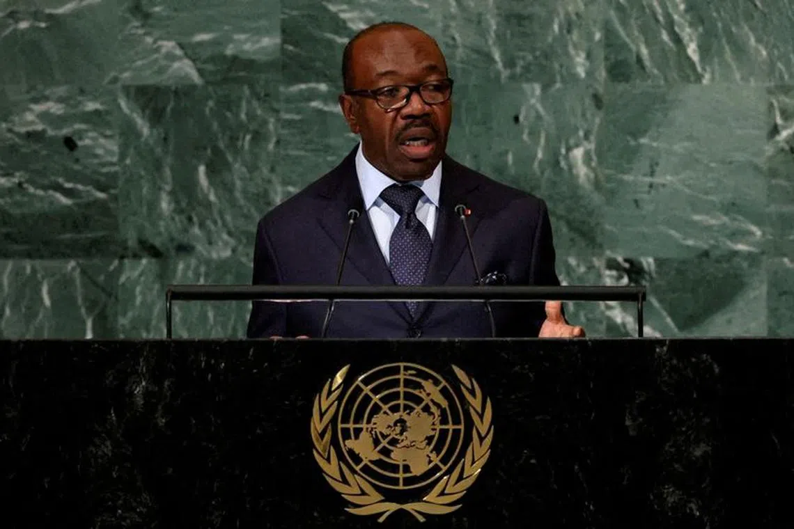 FILE PHOTO: Gabon's President Ali Bongo Ondimba addresses the 77th Session of the United Nations General Assembly at U.N. Headquarters in New York City, U.S., September 21, 2022. REUTERS/Brendan McDermid//File Photo