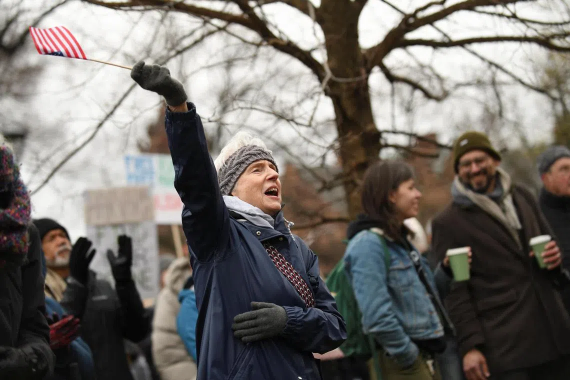 Demonstrators rallying on April 12 to resist interference at Harvard University by the federal government, in Cambridge, Massachusetts.