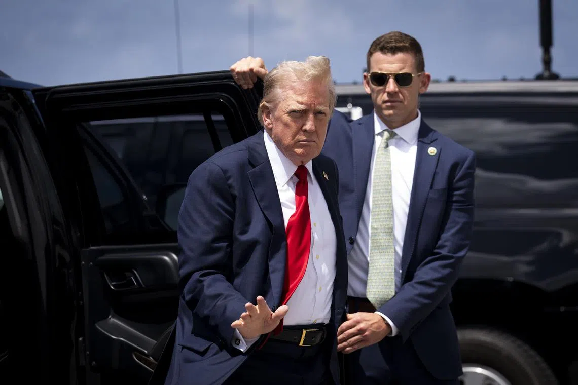 FILE — Former President Donald Trump boards his plane at the West Palm Beach Airport for a flight to a campaign rally in Charlotte, N.C., Wednesday, July 24, 2024. Donald J. Trump says his campaign was hacked by the Iranians, but obtained publicly available data. Microsoft said Iranian hackers sent a spear phishing email to a “high-ranking official” on a presidential campaign. (Doug Mills/The New York Times)