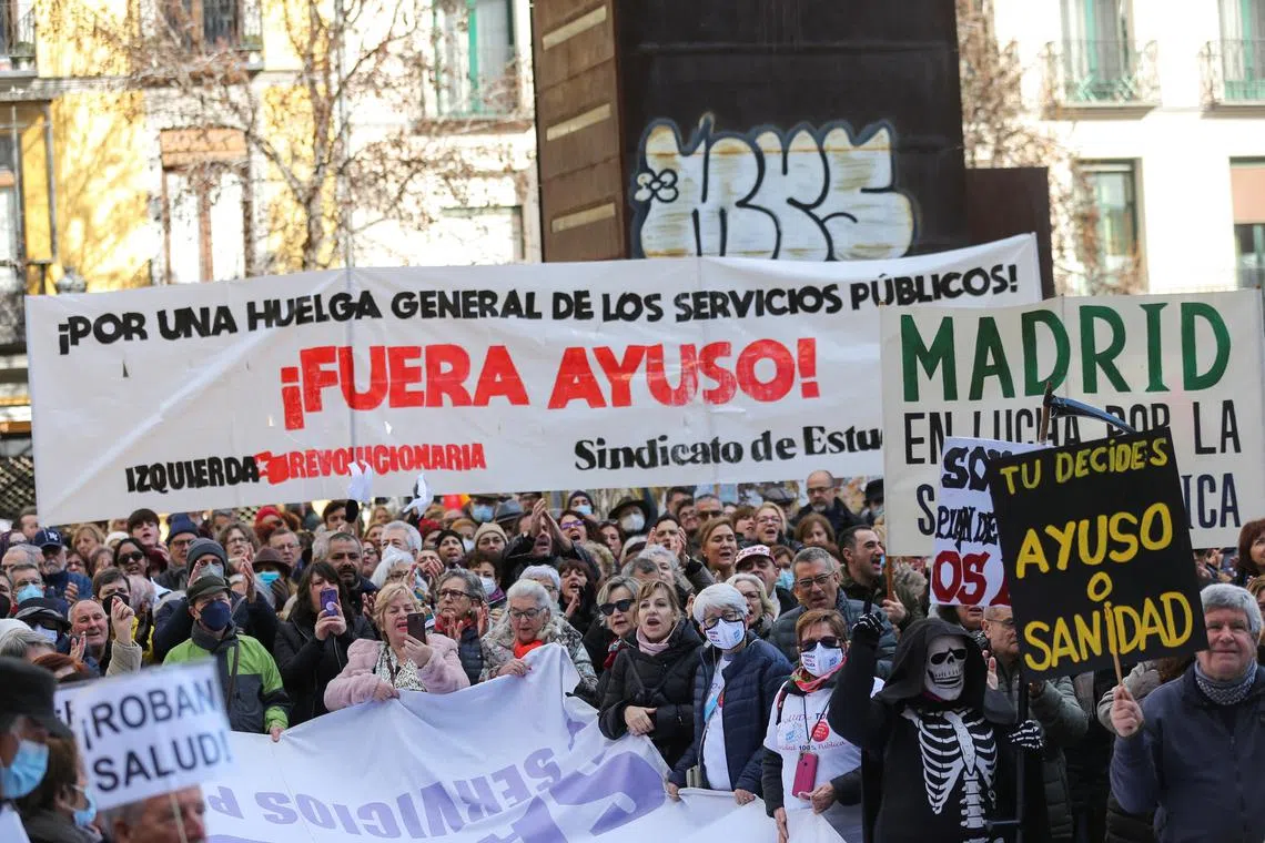 Healthcare workers stage a protest in Madrid, on Jan 15, 2023.