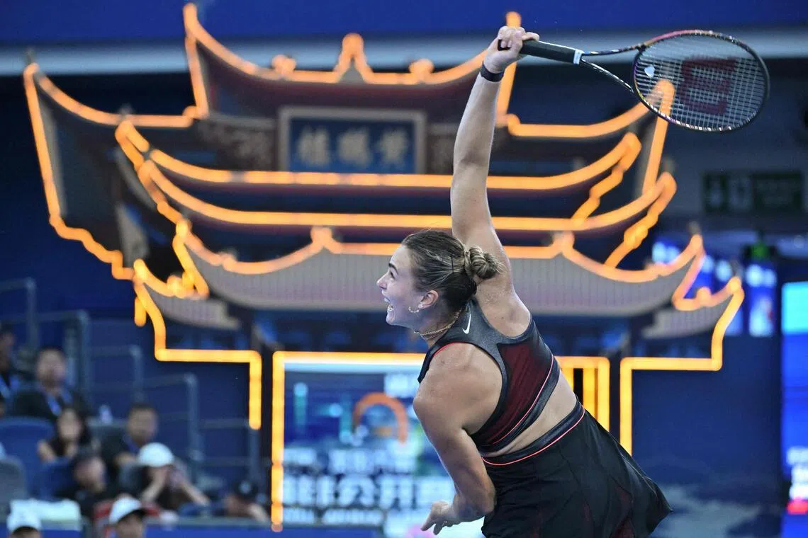 Belarus' Aryna Sabalenka serving to Slovakia’s Rebecca Sramkova during her 4-6, 6-3, 6-1 last-32 win at the Wuhan Open tennis tournament in on Oct 8, 2025.