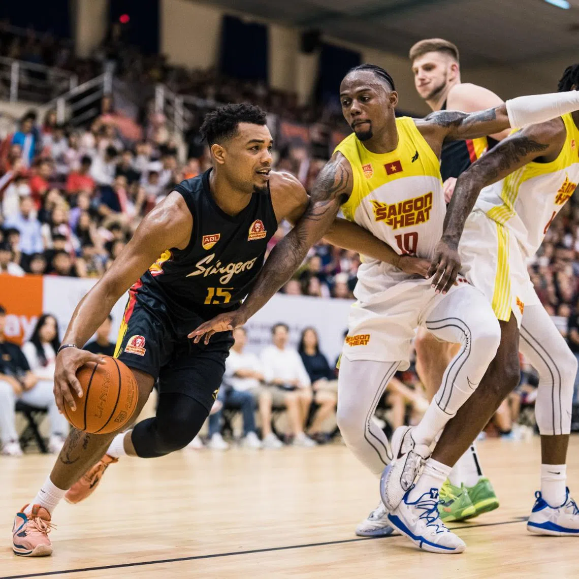 Singapore Slinger' Xavier Alexander driving to the basket against Saigon Heat's during Game 1 of the semi-finals on Monday.