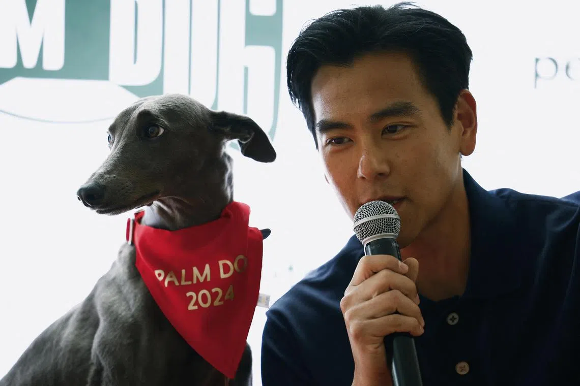 Eddie Peng, cast member of the film "Black Dog" speaks after the dog Xin won the Grand Prix Palme Dog award, during the 77th Cannes Film Festival in Cannes, France, May 24, 2024. REUTERS/Sarah Meyssonnier