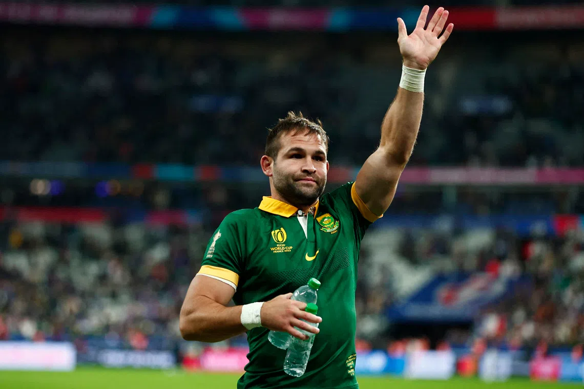 Rugby Union - Rugby World Cup 2023 - Quarter Final - France v South Africa - Stade de France, Saint-Denis, France - October 15, 2023 South Africa's Cobus Reinach celebrates after the match REUTERS/Gonzalo Fuentes