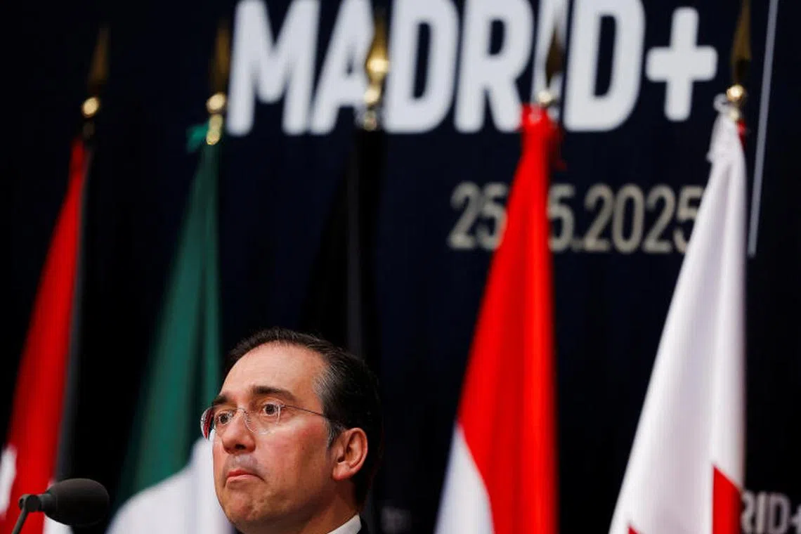 Spanish Foreign Minister Jose Manuel Albares speaks during a press conference, on the day Spanish government hosts a meeting of foreign ministers from the European Union and Arab countries to discuss the war in Gaza, at the Foreign Affairs Ministry in Madrid, Spain, May 25, 2025. REUTERS/Juan Medina