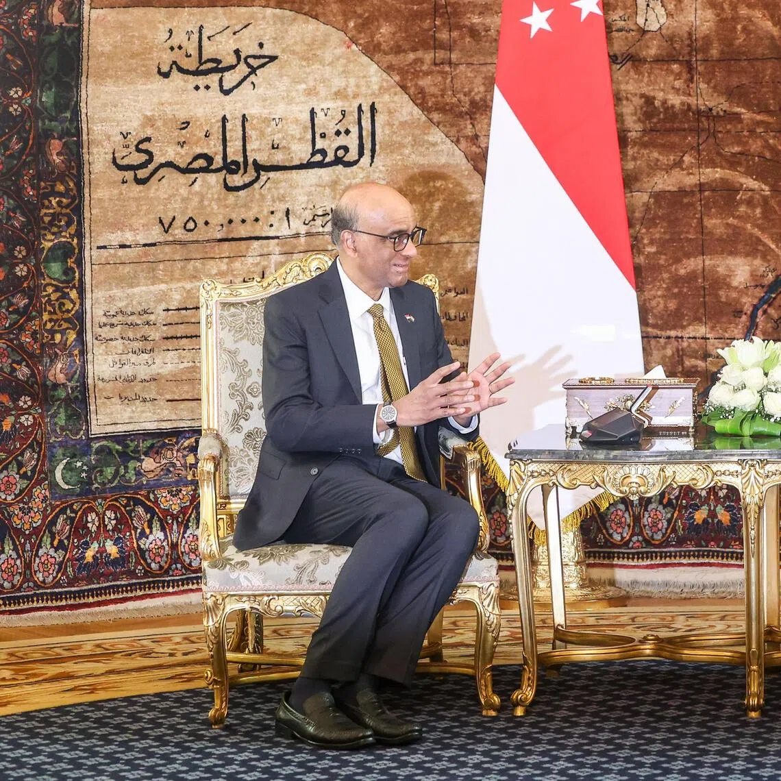 Singapore President Tharman Shanmugaratnam (left) with Egyptian counterpart Abdel Fattah al-Sisi at the official welcome ceremony in Cairo on Sept 20.