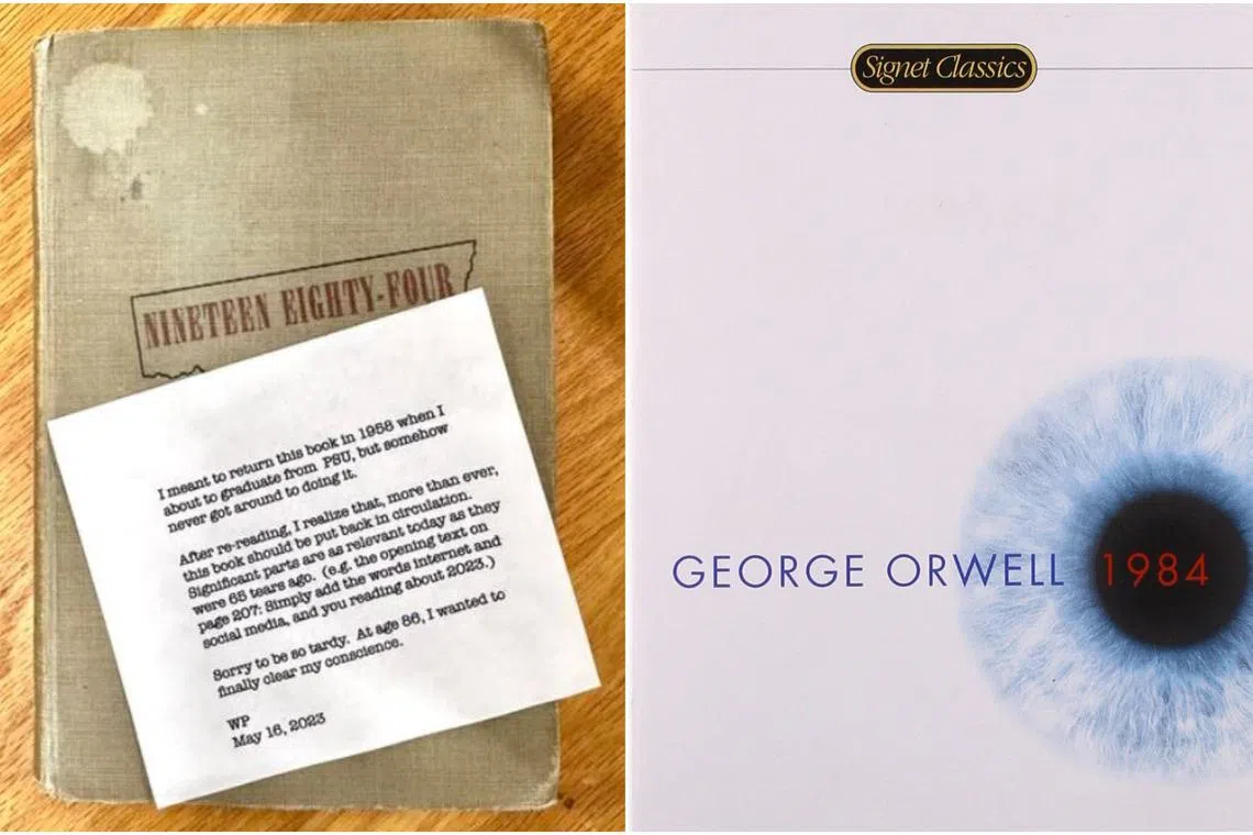 The book that was returned to the library on May 16, with a note attached (left) and a more recent cover of novel 1984.