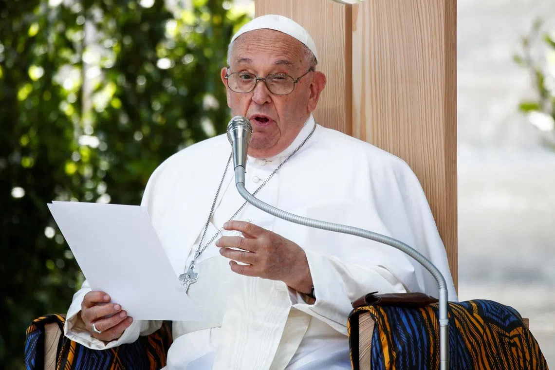 Pope Francis speaks during the \"Arena of Peace: Justice and Peace Embrace\" meeting at Verona Arena during his visit to Verona, Italy, May 18, 2024. REUTERS/Alessandro Garofalo