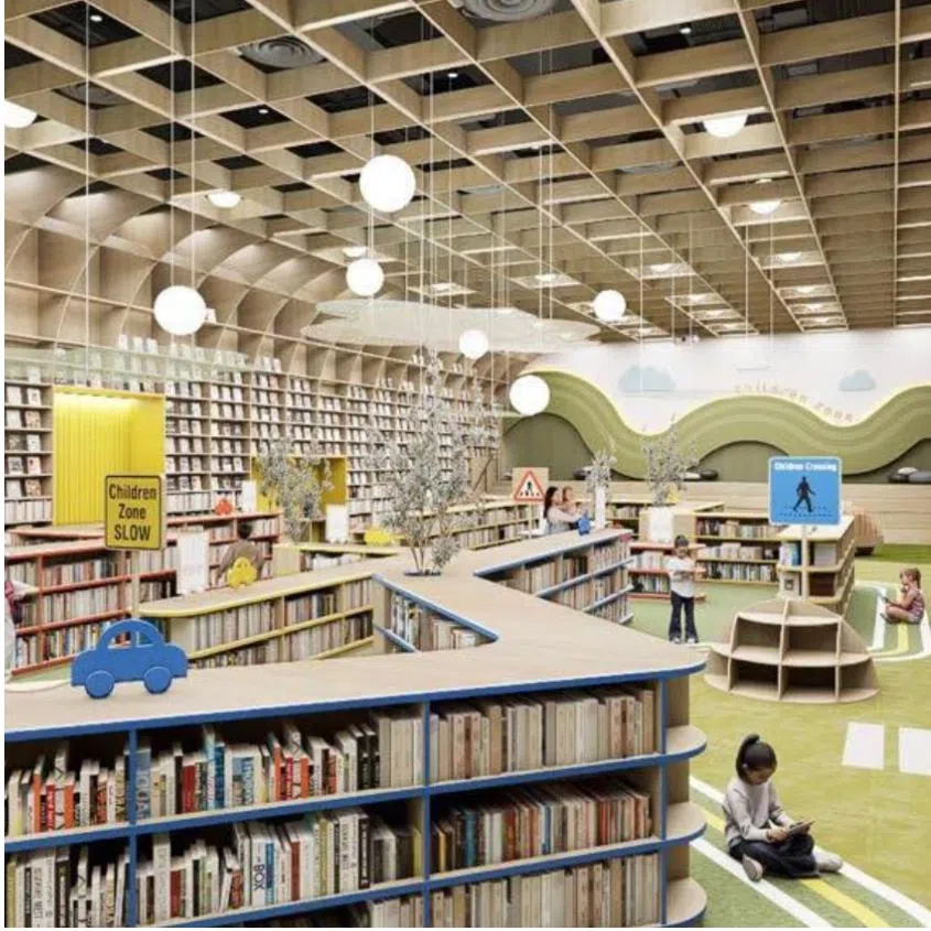 Artist's impressions of the revamped Ang Mo Kio library (left) and Queenstown library (right).