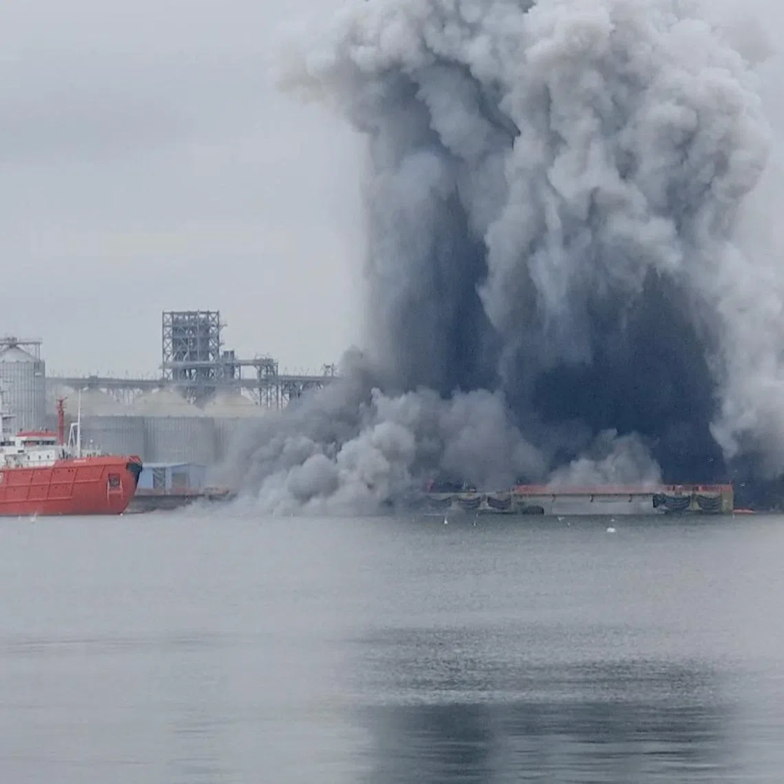 Smoke rises after an explosion as a marine drone self-detonated in Romania's Black Sea port of Constanta near an oil terminal, without causing any casualties, according to the defence ministry, in Constanta, Romania June 5, 2026, in this screengrab obtained from a handout video. Observator Antena1/Handout via REUTERS