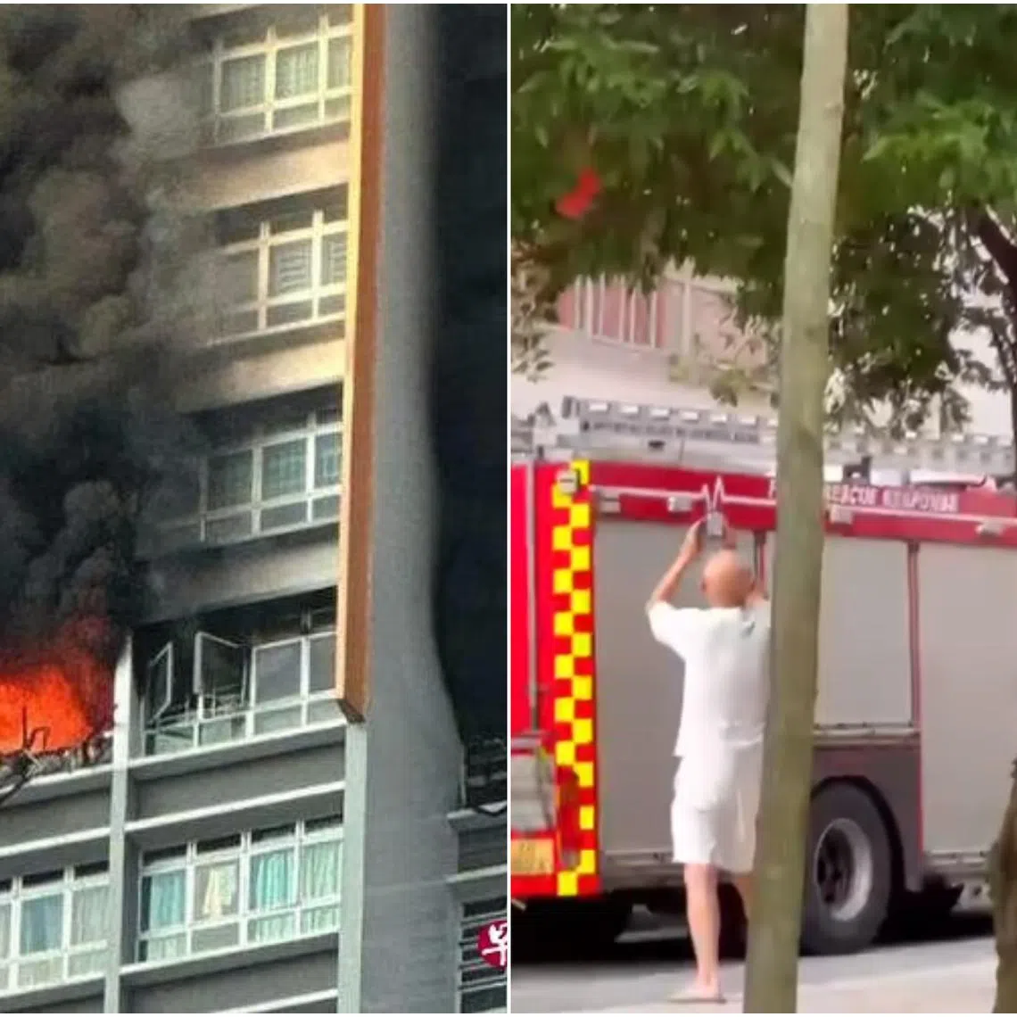 Flames engulfing the high-rise flat as a thick column of smoke streams skywards from its broken windows.
