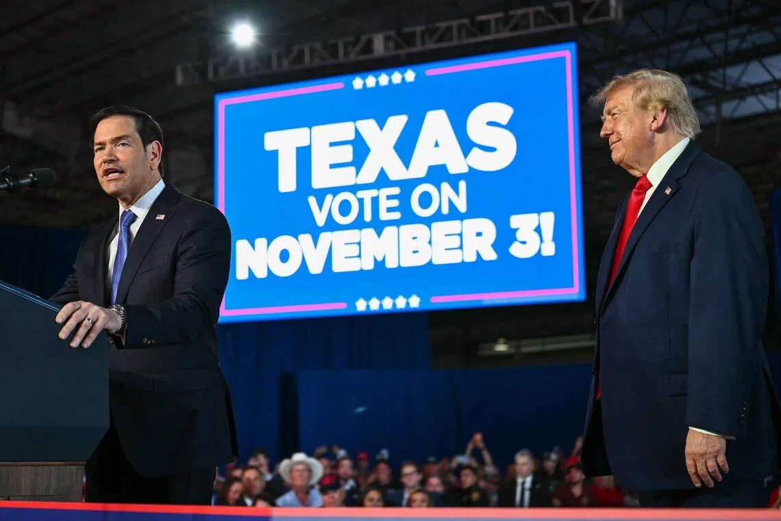 US Secretary of State Marco Rubio (left) speaking as US President Donald Trump holds a midterm campaign rally at the Port of Corpus Christi in Corpus Christi, Texas on Oct 27.