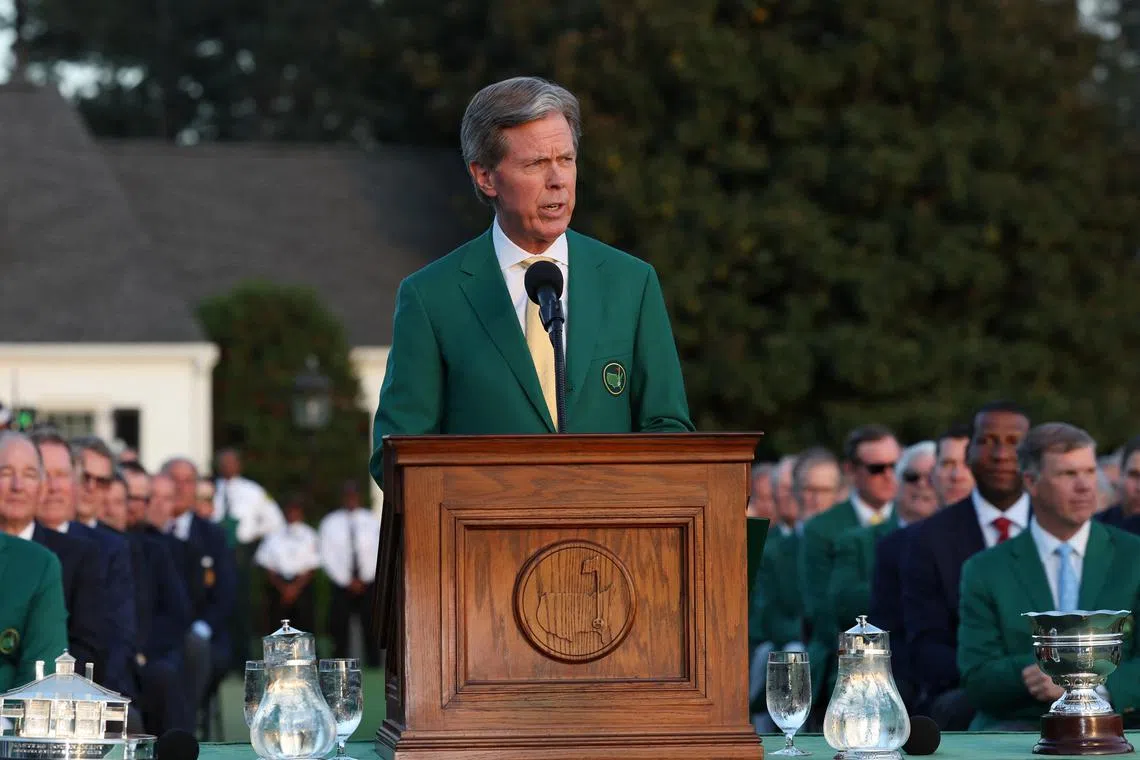 Golf - The Masters - Augusta National Golf Club, Augusta, Georgia, U.S. - April 14, 2024 Fred Ridley, Chairperson of Augusta National Golf Club gives a speech during the green jacket and trophy presentation REUTERS/Mike Segar