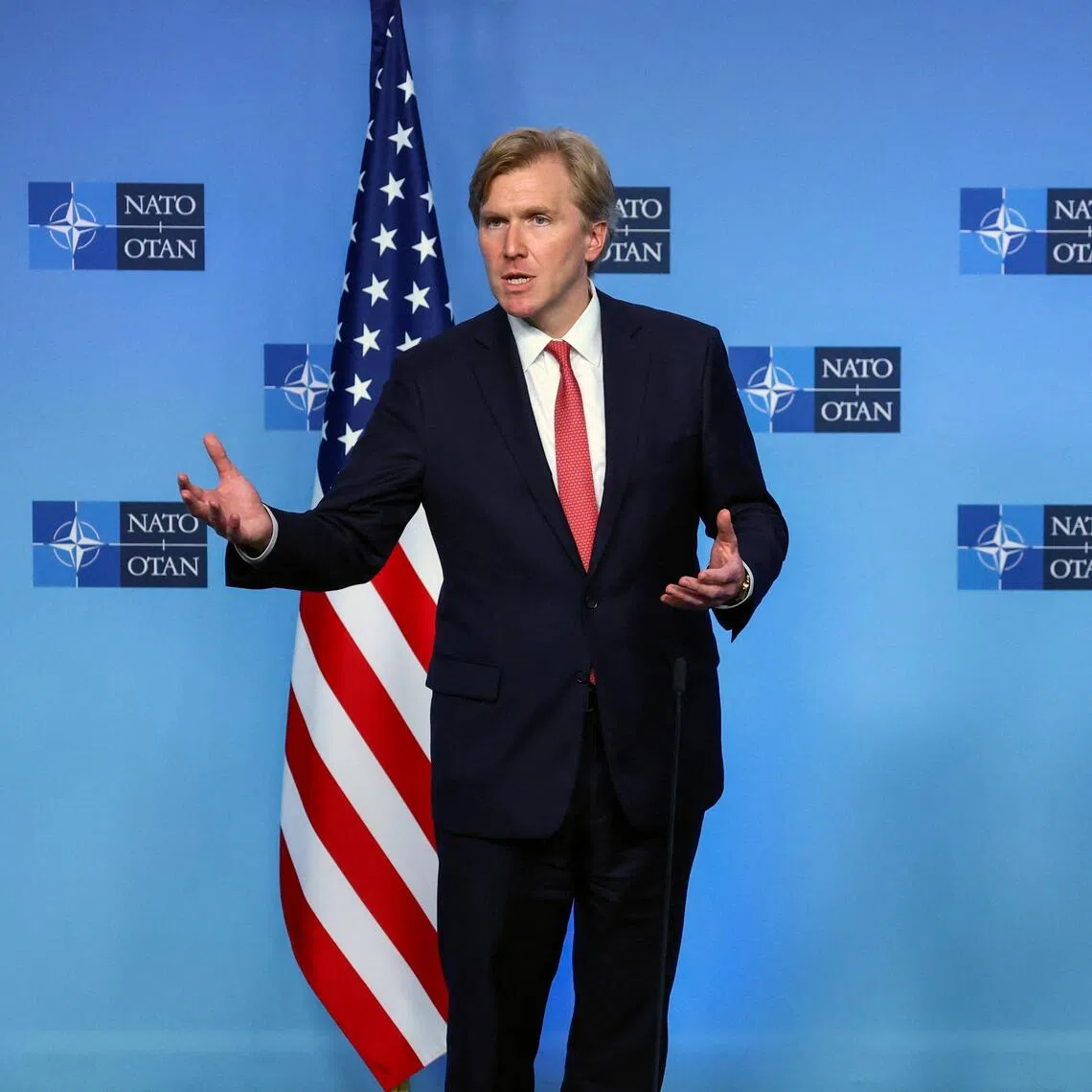 Pentagon policy chief Elbridge Colby (left) delivering a press briefing on Aug 27 with NATO secretary-general Mark Rutte at the defence alliance’s headquarters in Brussels, Belgium.
