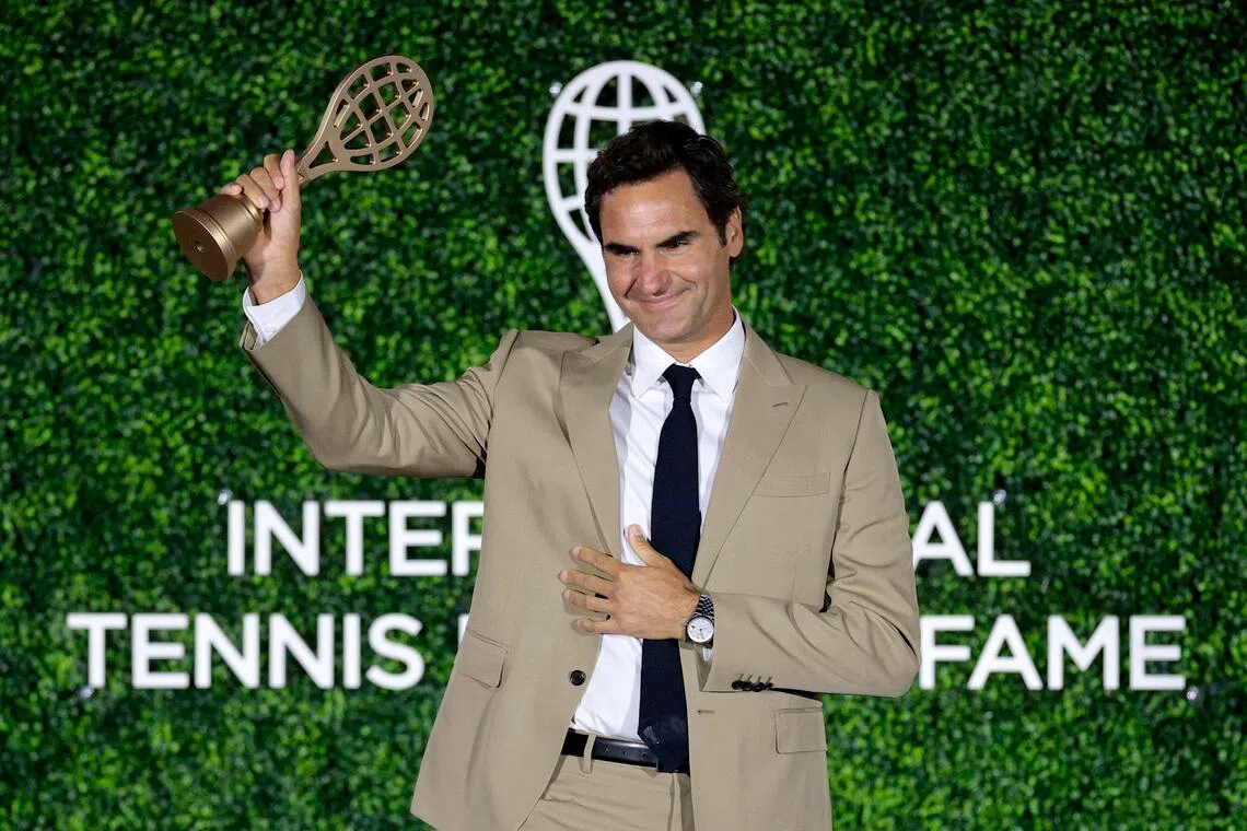Roger Federer acknowledging the crowd after being inducted into the International Tennis Hall of Fame on Aug 29.