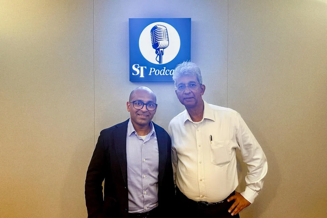 Thilan Wickramesinghe, regional head of research at Maybank Securities and host Ven Sreenivasan in the ST Podcast studio.