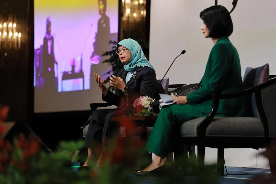 President Halimah Yacob (left) and Minister of State for Social and Family Development Sun Xueling, at a fireside chat on Aug 31.