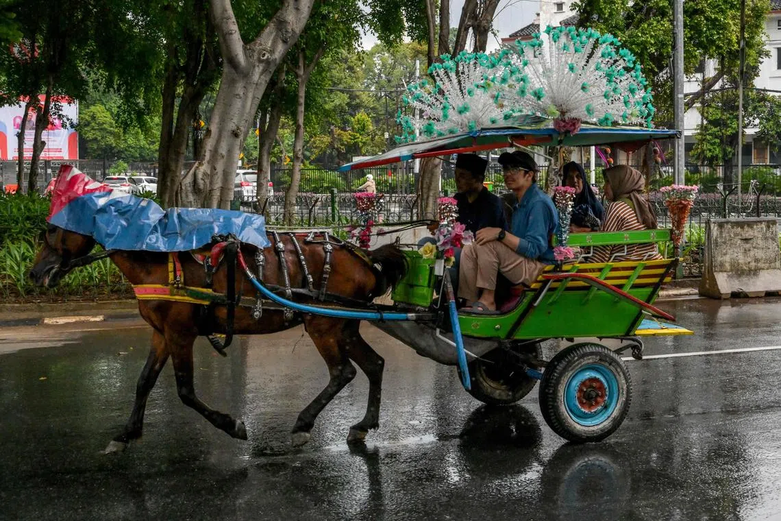 A “delman” pulls a decked-out carriage around the National Monument (Monas) park in Jakarta.