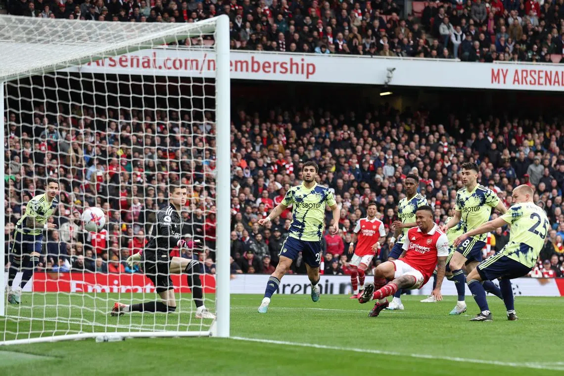 Arsenal striker Gabriel Jesus scoring his second goal against Leeds United.