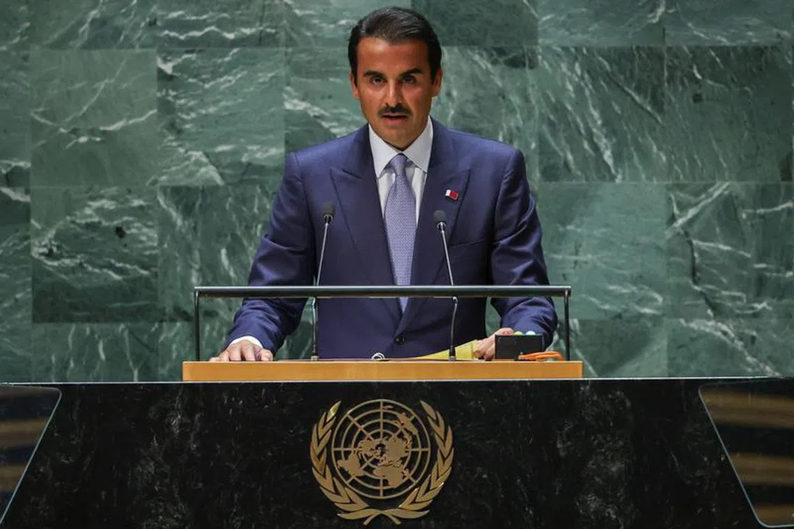 Qatar's Emir Sheikh Tamim Bin Hamad Al-Thani addresses the 78th Session of the U.N. General Assembly in New York City, U.S., September 19, 2023.  REUTERS/Mike Segar/File Photo