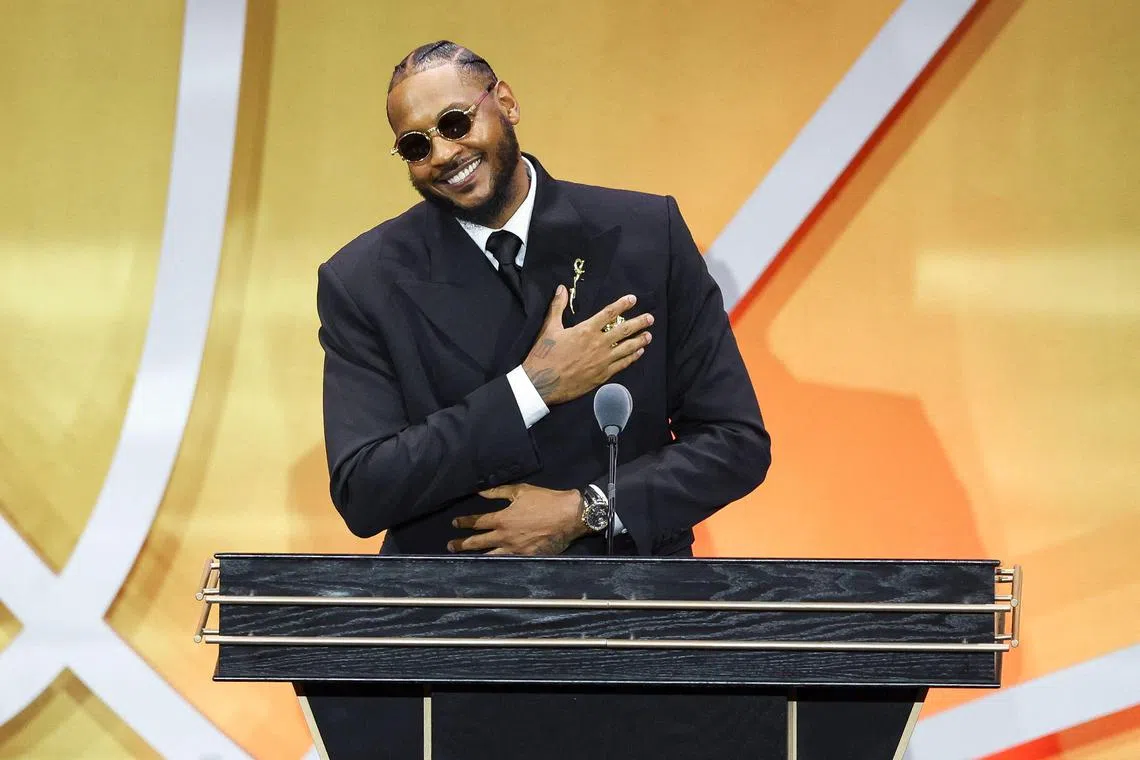 Carmelo Anthony addressing the crowd during the 2025 Basketball Hall of Fame Enshrinement Ceremony at Symphony Hall on September 6, 2025 in Springfield, Massachusetts. 