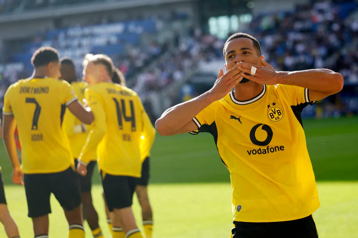 Soccer Football - Bundesliga - TSG 1899 Hoffenheim v Borussia Dortmund - PreZero Arena, Sinsheim, Germany - September 5, 2026 Borussia Dortmund's Ethan Nwaneri celebrates after TSG 1899 Hoffenheim's Albian Hajdari scores an own goal and Borussia Dortmund's third REUTERS/Heiko Becker