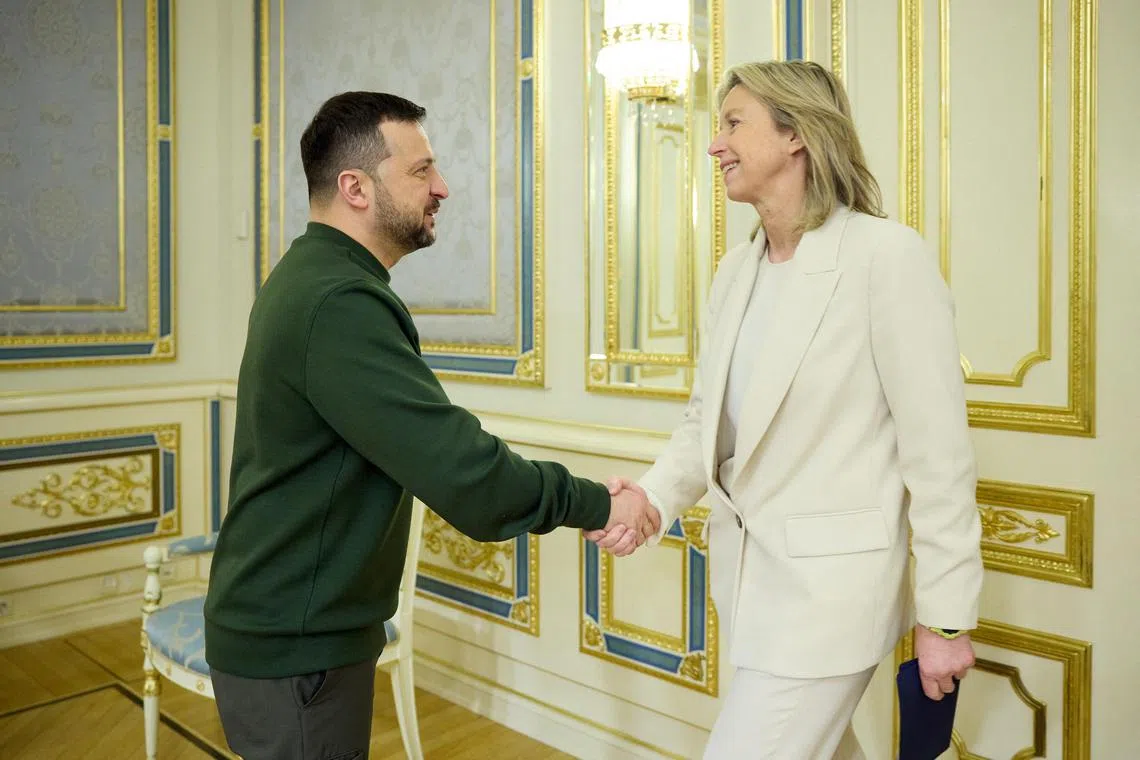 Ukrainian President Volodymyr Zelensky welcomes Dutch Defence Minister Kajsa Ollongren to Kyiv.