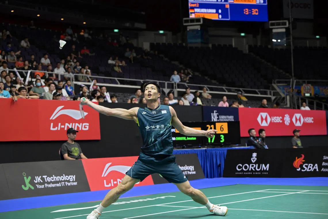 eabad29/ST20240529_202469355336/Ng Sor Luan/KFF Singapore Badminton Open first round. 

//

Chou Tien Chen vs Jonatan Christie. Chou won.

//

Srikanth Kidambi vs Kodai Naraoka. Naraoka won. 

Detailed caps to come.