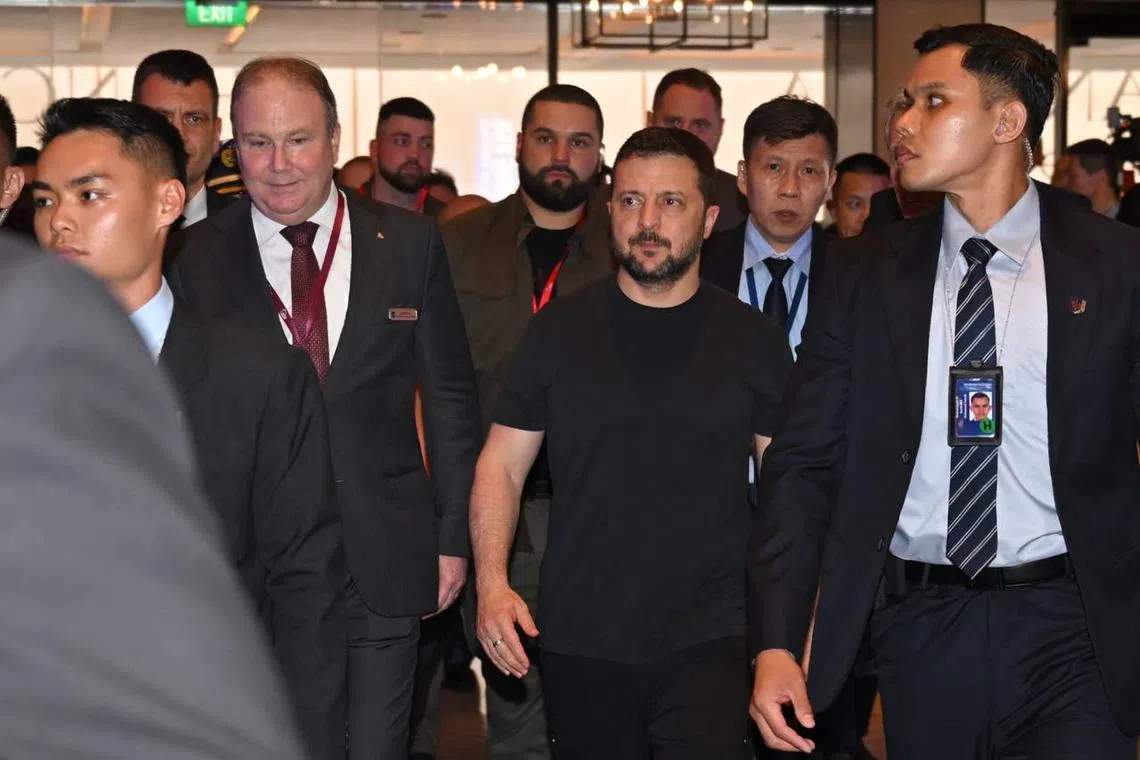 Ukrainian President Volodymyr Zelensky arriving at Shangri-La Hotel on June 1.