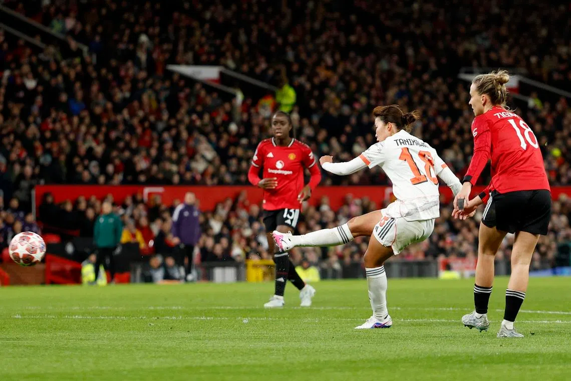 Soccer Football - UEFA Women's Champions League - Quarter Finals - First Leg - Manchester United v Bayern Munich - Old Trafford, Manchester, Britain - March 25, 2026 Bayern Munich's Momoko Tanikawa scores their third goal Action Images via Reuters/Jason Cairnduff