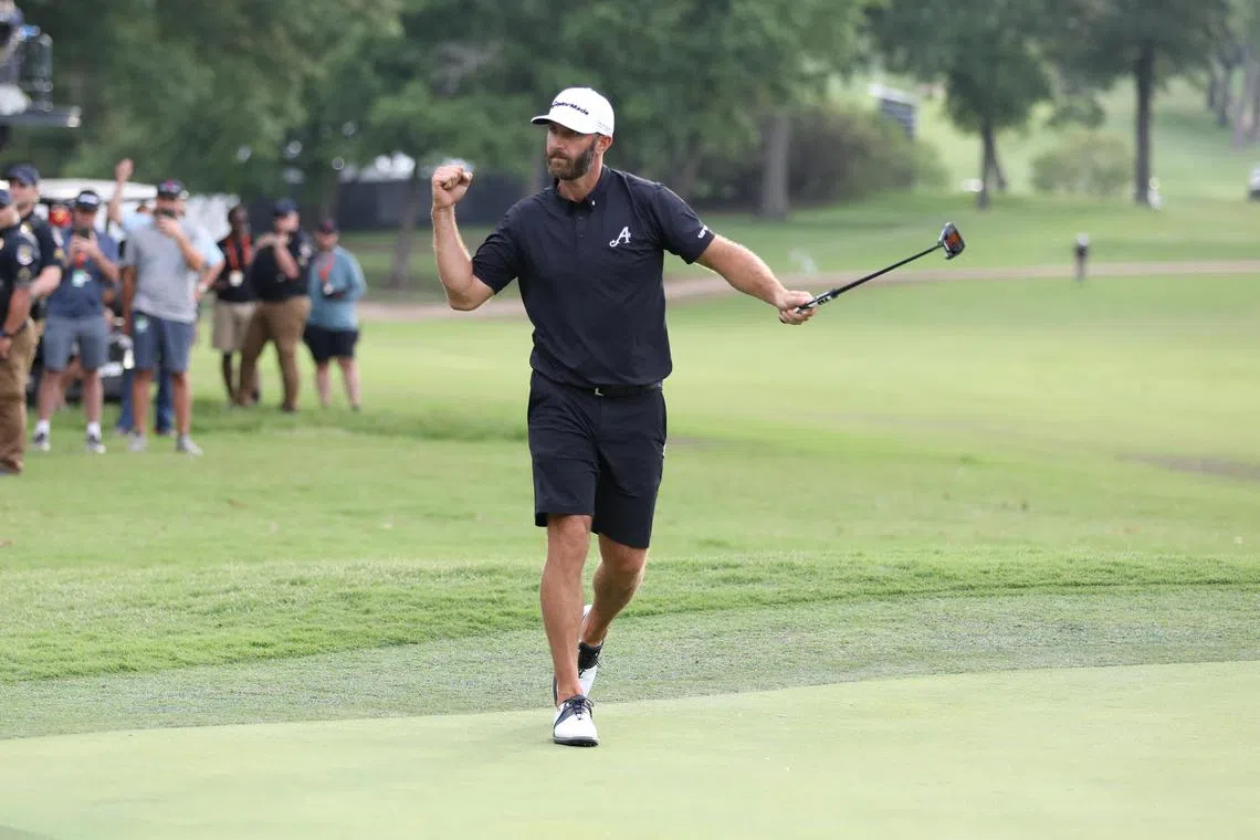 Dustin Johnson celebrating his birdie on the playoff hole to win the LIV Golf event in Tulsa on Sunday. 