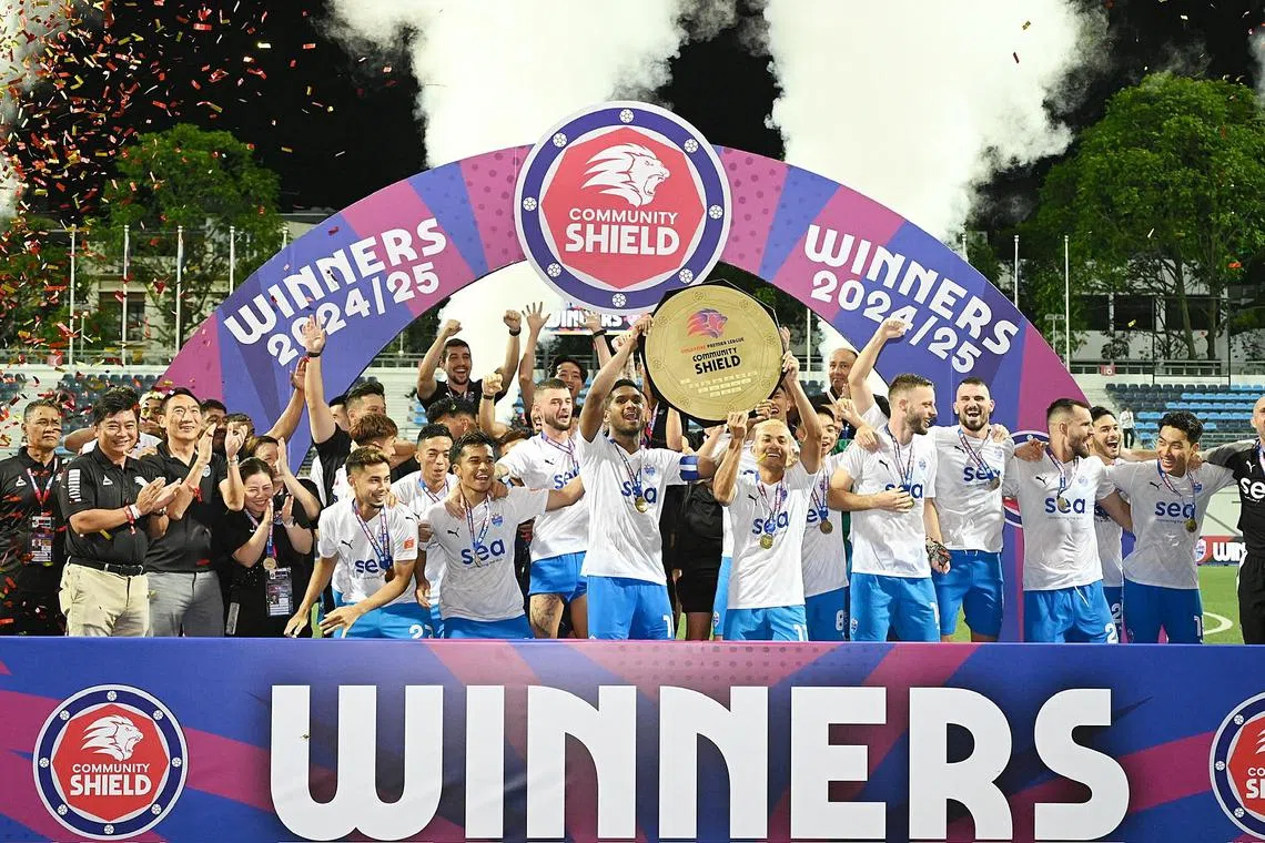 Lion City Sailors beat Albirex Niigata 2-0 to clinch the Community Shield on May4 , 2024 at Jalan Besar Stadium. 
Singapore Premier League champions Albirex Niigata and Singapore Cup winners Lion City Sailors