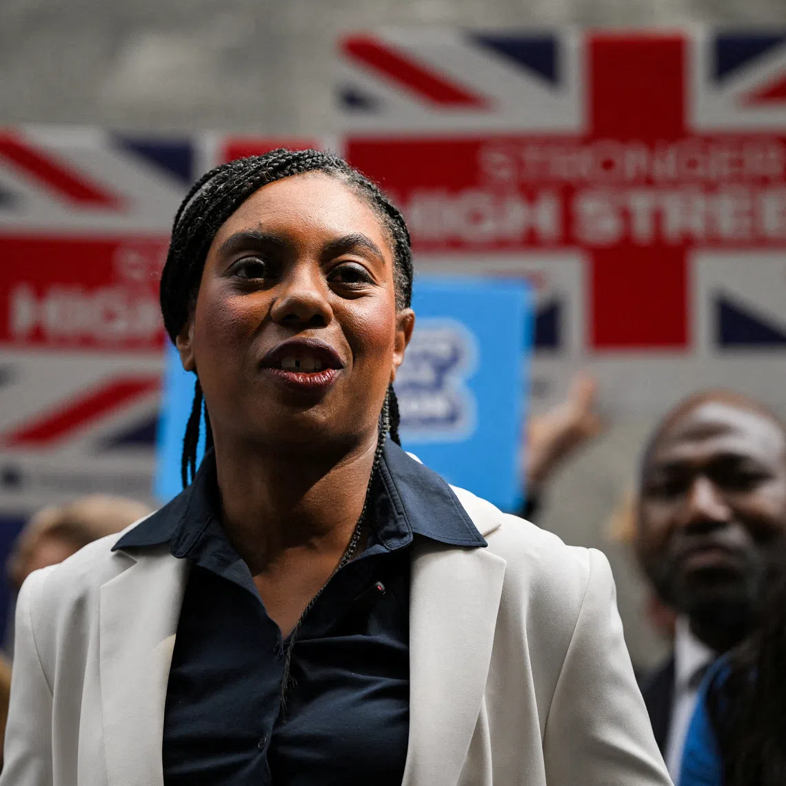 FILE PHOTO: Britain's Conservative Party leader Kemi Badenoch speaks to the press, as results in the local elections are being announced, outside Westminster City Hall in London, Britain, May 8, 2026. REUTERS/Chris J Ratcliffe/File Photo