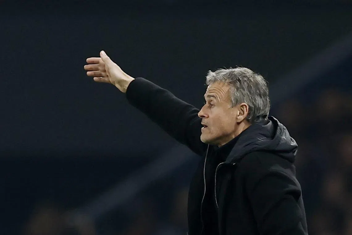 FILE PHOTO: Soccer Football - Champions League - Knockout Phase Playoff - Second Leg - Paris St Germain v Brest - Parc des Princes, Paris, France - February 19, 2025 Paris St Germain coach Luis Enrique reacts REUTERS/Christian Hartmann/File Photo